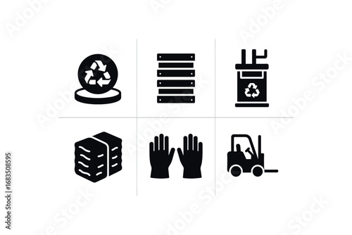 flat black solid icon items isolated on white background: recycling hub stacked crates metal press baled paper worker gloves forklift