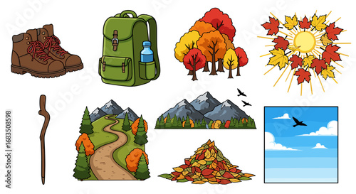 Illustration of hiking gear and autumn themed landscapes including mountains and leaves in bright colors