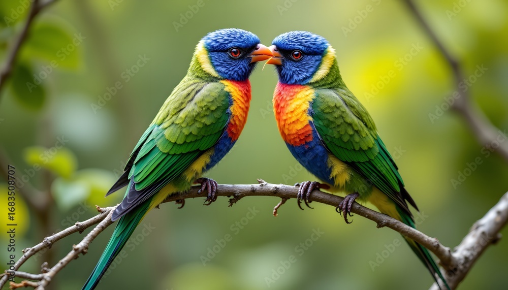 Obraz premium The beautiful two bird has vibrant plumage consisting of a mix of blues, greens, and yellows, with intricate patterns adorning its feathers