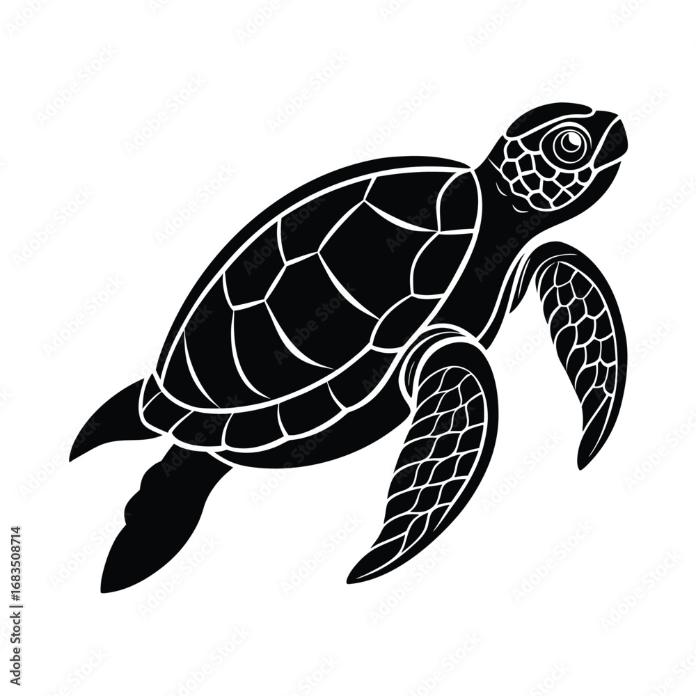 Fototapeta premium Black silhouette of a swimming sea turtle marine animal