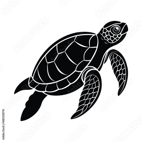 Black silhouette of a swimming sea turtle marine animal