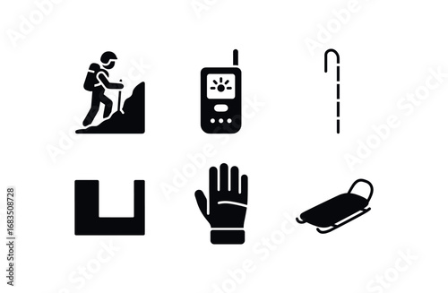 flat black solid icon items isolated on white background: avalanche rescuer beacon device probe pole snow pit glove hand rescue sled