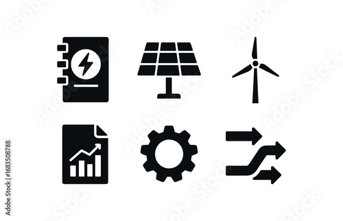 flat black solid icon items isolated on white background: energy transition planner solar panel wind turbine chart sheet gear icon arrow flow
