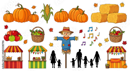 Illustration of autumn harvest scene with pumpkins, corn, apples, scarecrow and market stalls