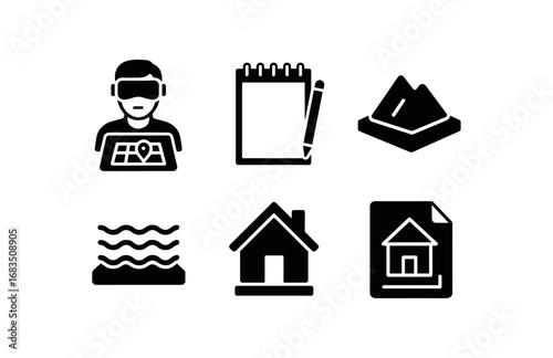 flat black solid icon items isolated on white background: virtual land designer sketch pad mountain model water layer house icon blueprint sheet
