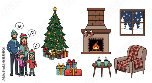 A family stands near a christmas tree with presents and a fireplace in a cozy christmas scene indoors