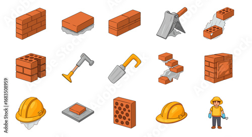 Isometric illustration of various bricklaying tools and brick structures with a construction worker