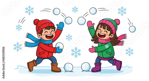 Two children joyfully throwing snowballs at each other in a playful winter scene with snowflakes falling
