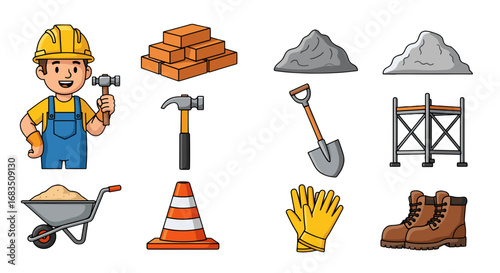 Illustration of construction worker with tools and materials including bricks, shovel, and safety gear