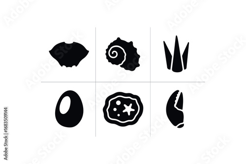 flat black solid icon items isolated on white background: crab carapace sharp spikes hollow form tide pool claw fragment