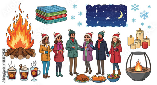 Cozy winter scene with people around a fire, blankets, food, drinks, and candles under a starry night