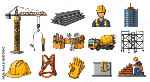Illustration of construction site elements including crane, worker, and building materials and equipment