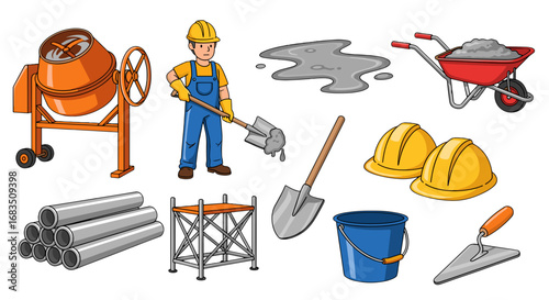 Illustration depicting a construction worker with various tools and equipment on a white background