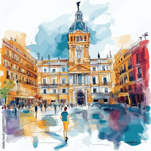 Plaza Mayor in Madrid. Plaza Mayor in Madrid watercolor vector illustration