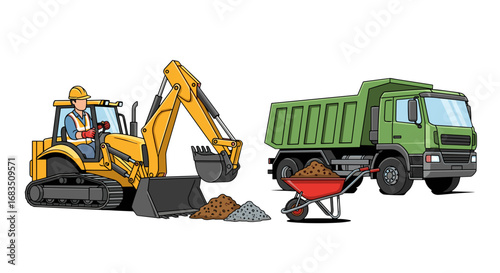 A construction scene featuring a yellow excavator, a green dump truck, and a worker with a wheelbarrow