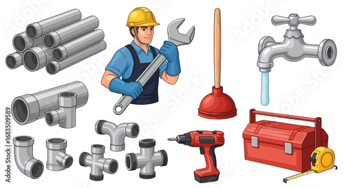 Illustration of a plumber with tools including wrench pipes plunger and toolbox on a white background