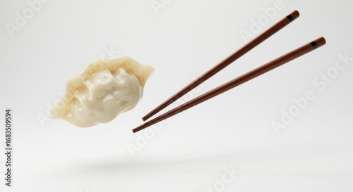 A single, cooked, pale dumpling floats above a white surface alongside two wooden chopsticks, angled as if ready to pick it up