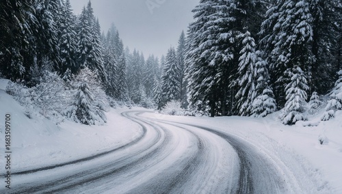 A winding snowy road through a coniferous forest.  The road is covered in a thin layer of ice.  Tall evergreen trees are heavily laden with snow. The light is overcast