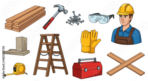 Illustration of a construction worker with tools like a hammer and a toolbox and safety equipment
