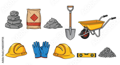 Illustration of construction tools including hard hats, shovel, and wheelbarrow on a white background
