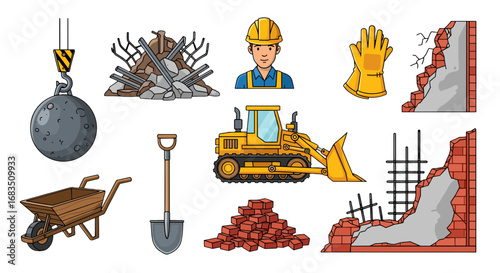 Illustration of construction site elements including worker, tools, and demolition materials