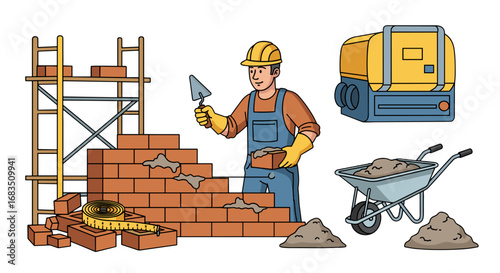 Illustration of a construction worker building a brick wall with tools and equipment around him on a site