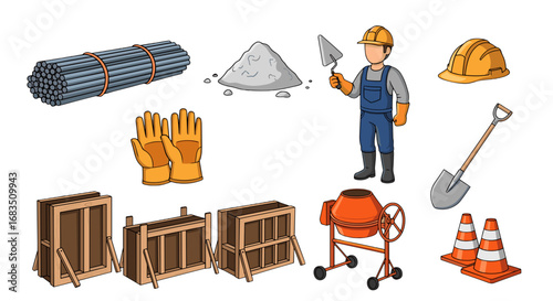 Illustration of construction worker with tools and equipment including cement mixer and safety cones