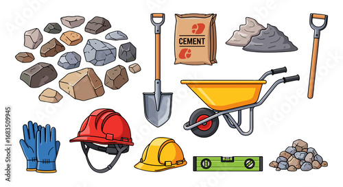 Illustration showcasing various construction tools and materials including rocks and safety gear
