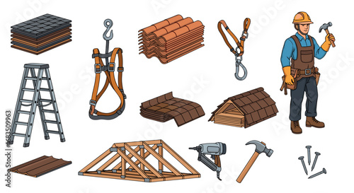 Illustration showing a roofer with tools and materials including tiles ladder and safety harness gear