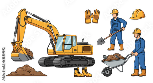 Illustration of construction workers with excavator, shovel, wheelbarrow, and safety gear on white
