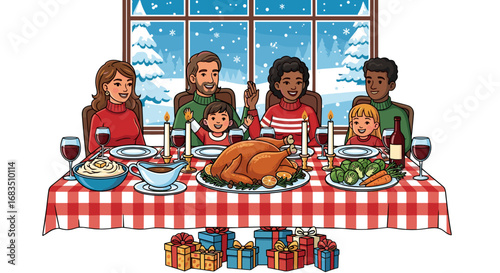 Family gathering around a christmas dinner table with gifts and winter scene visible outside the window