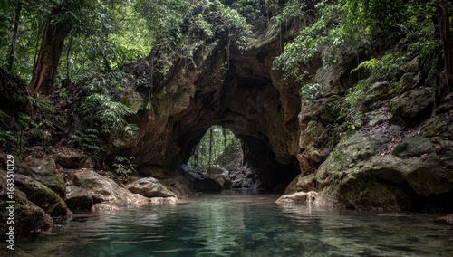 A tranquil, arching cave entrance over a clear stream in a lush rainforest