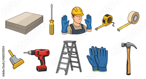 Illustration of a construction worker with tools including a drill hammer and ladder on white background