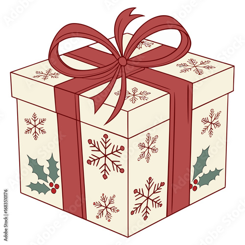 3D render of Christmas gift box with red ribbon and bow, isolated on transparent background, PNG