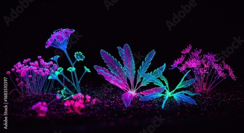Vibrant, luminous flora illuminated in vibrant neon colors against a dark backdrop.