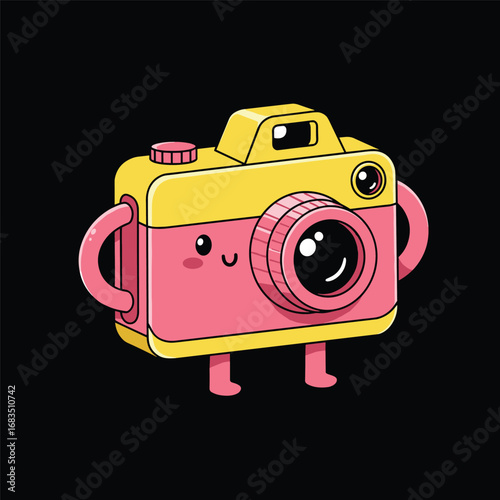 Cartoon groovy photo camera retro character. Isolated vector funky, hippie style photocamera personage adorned with vibrant daisy flowers, stars and playful smile push shooting button to make snapshot