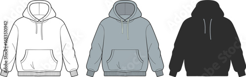 Hoodie design cartoon set, front view comparison, line art and colored styles, pullover sweatshirt template, fashion illustration, casual wear icon, garment sketch