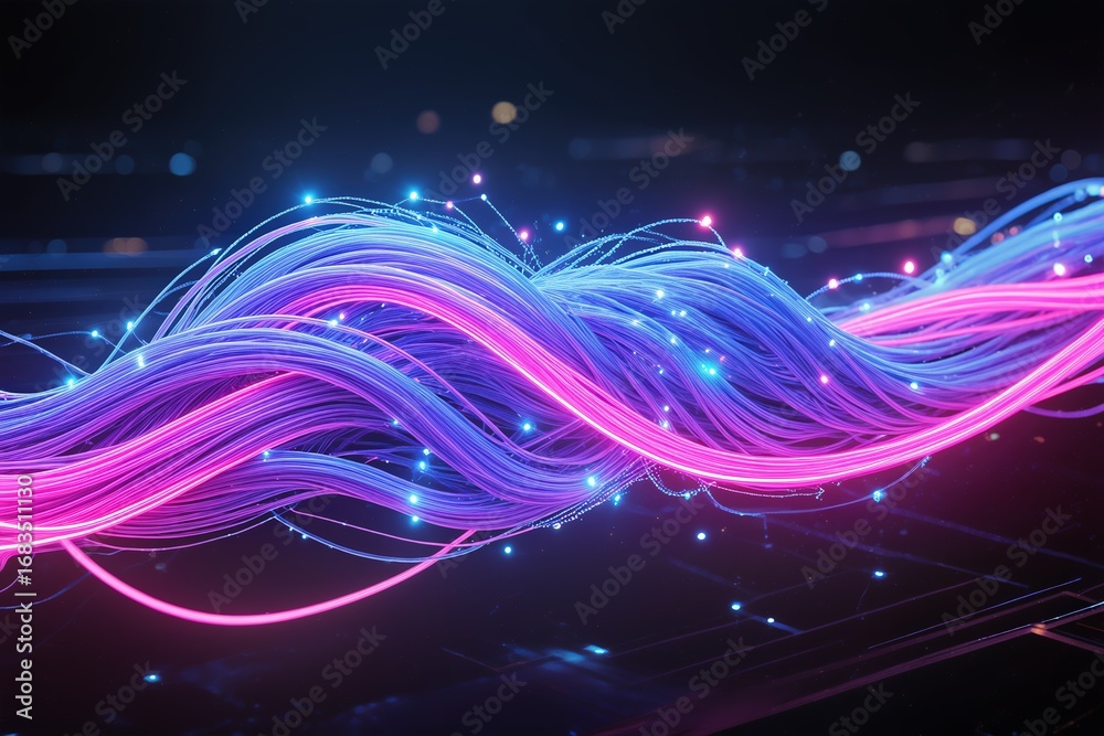 Fototapeta premium An abstract illustration featuring swirling colorful light waves that beautifully blend blue and pink hues