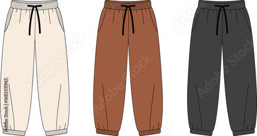 Jogger pants cartoon set, casual wear illustration, elastic waistband and cuffs, beige brown gray styles, fashion template, garment comparison, apparel mockup, clothing icons