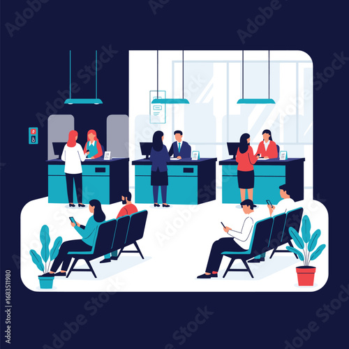 People waiting in line at the bank for customer service transactions