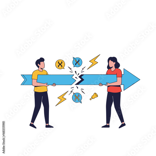 Two people pulling opposite directions on a broken arrow symbolizing conflict disagreement and opposing viewpoints