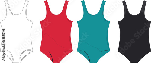 One-piece swimsuit cartoon set, fashion illustration, color variation comparison, scoop neckline design, beachwear template, summer apparel icons, swimwear mockup, stylish garment pack