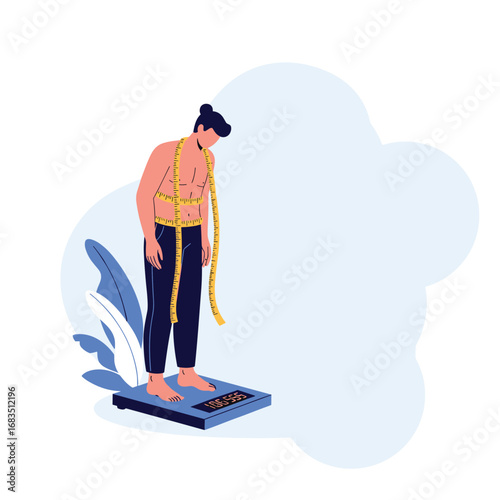 Man measuring body weight on a digital scale in a health clinic office setting