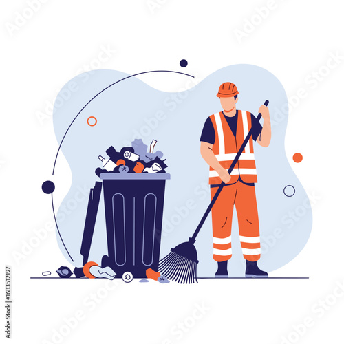 Sanitation worker sweeps debris near overflowing trash bin maintaining urban cleanliness and tidiness
