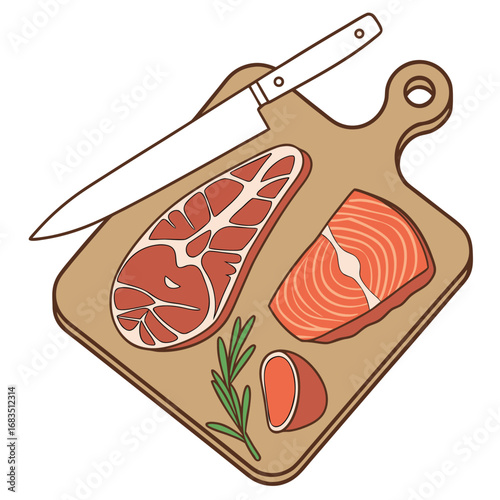 Vector art of raw steak and salmon fillet with rosemary and knife on a wooden cutting board