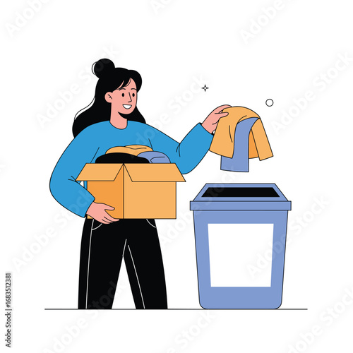 Woman sorting and discarding old clothes into a recycling bin for a cleaner environment