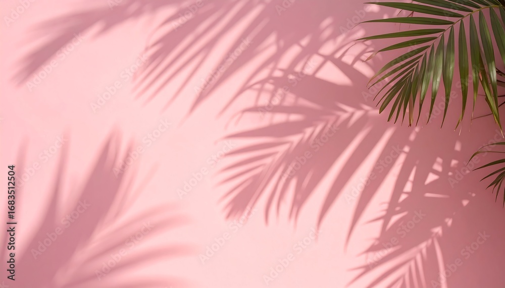 Naklejka premium Delicate palm leaf shadows create a soft, pastel pink backdrop.