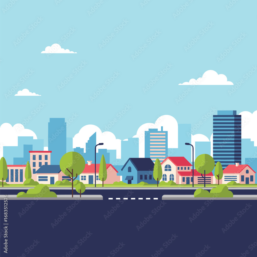 Obraz premium Beautiful flat design cityscape featuring suburban houses and city skyscrapers under a bright blue sky