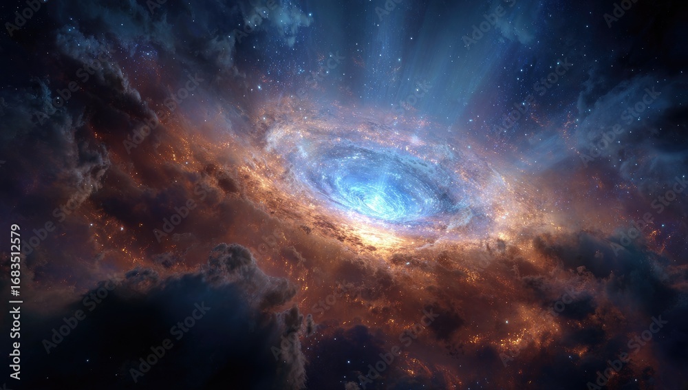 Obraz premium Cosmic nebula, swirling celestial clouds, vibrant colors, glowing center