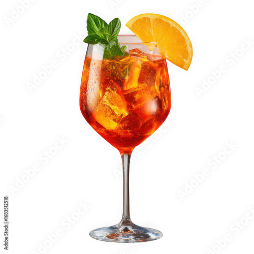 Refreshing aperol spritz cocktail with orange slice and mint isolated on transparent background